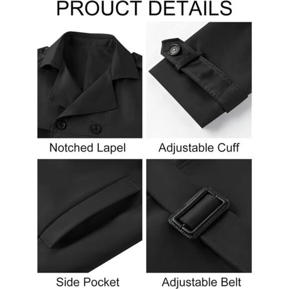 Mens Trench Coat Slim Fit Double Breasted Long Jacket Notched Lapel - Picture 5 of 6